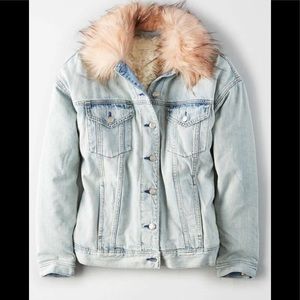 NWT American Eagle Denim Jacket w Pink Faux Fur (Patch of Fur Missing)